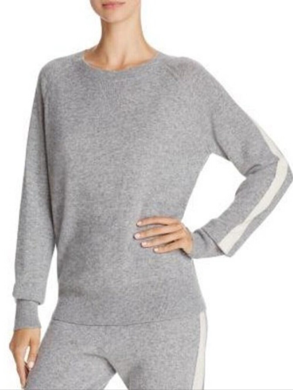 Theory Athletic Stripe Crew Neck Cashmere Sweater Gray White M